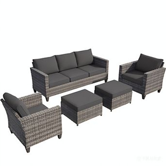 Ovios 5 pc Outdoor Patio Furniture Set: 3-Seater Sofa + 2 Armchairs + 2 Ottomans, Gray PE Rattan