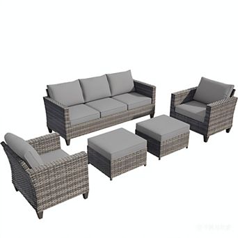 Ovios 5 pc Outdoor Patio Furniture Set: 3-Seater Sofa + 2 Armchairs + 2 Ottomans, Gray PE Rattan
