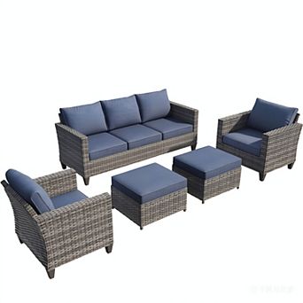 Ovios 5 pc Outdoor Patio Furniture Set: 3-Seater Sofa + 2 Armchairs + 2 Ottomans, Gray PE Rattan