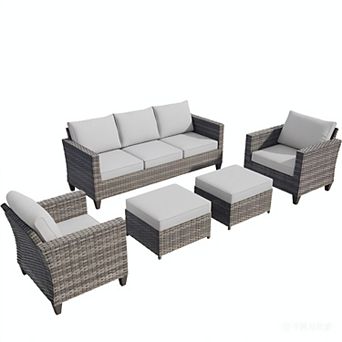 Ovios 5 pc Outdoor Patio Furniture Set: 3-Seater Sofa + 2 Armchairs + 2 Ottomans, Gray PE Rattan