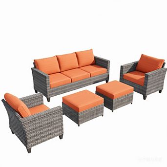 Ovios 5 pc Outdoor Patio Furniture Set: 3-Seater Sofa + 2 Armchairs + 2 Ottomans, Gray PE Rattan