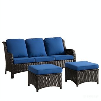 Ovios Patio Gray/Brown Rattan Sofa Set, Outdoor 3-Seater Sofa w/ 2 Ottomans, Wicker Garden Furniture
