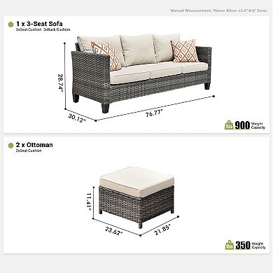 Ovios 3-Piece Outdoor Sofa Set w/ 3-Seater Sofa & 2 Ottomans, Ergonommic Design, Gray Rattan