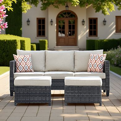 Ovios 3-Piece Outdoor Sofa Set w/ 3-Seater Sofa & 2 Ottomans, Ergonommic Design, Gray Rattan