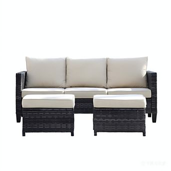 Ovios 3 pc Outdoor Sofa Set w/ 3-Seater Sofa & 2 Ottomans, Ergonommic Design, Gray Rattan