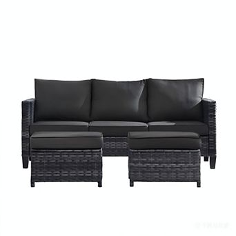 Ovios 3 pc Outdoor Sofa Set w/ 3-Seater Sofa & 2 Ottomans, Ergonommic Design, Gray Rattan