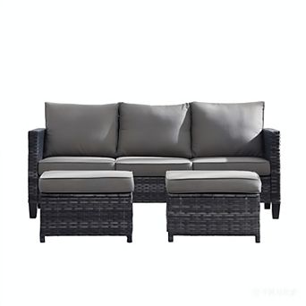 Ovios 3 pc Outdoor Sofa Set w/ 3-Seater Sofa & 2 Ottomans, Ergonommic Design, Gray Rattan