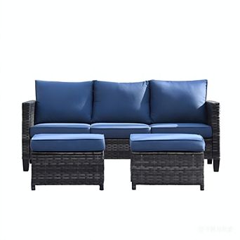 Ovios 3 pc Outdoor Sofa Set w/ 3-Seater Sofa & 2 Ottomans, Ergonommic Design, Gray Rattan