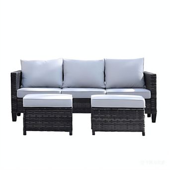 Ovios 3 pc Outdoor Sofa Set w/ 3-Seater Sofa & 2 Ottomans, Ergonommic Design, Gray Rattan