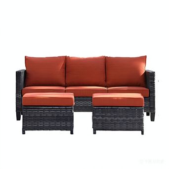 Ovios 3 pc Outdoor Sofa Set w/ 3-Seater Sofa & 2 Ottomans, Ergonommic Design, Gray Rattan