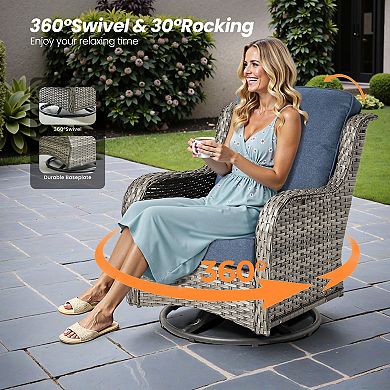 Ovios Ergonomic Patio Sofa Set w/ 2 Rocking Swivel Chairs & Side Table, Premium Fabric