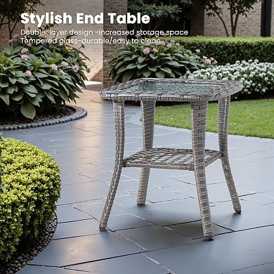 Ovios Ergonomic Patio Sofa Set w/ 2 Rocking Swivel Chairs & Side Table, Premium Fabric