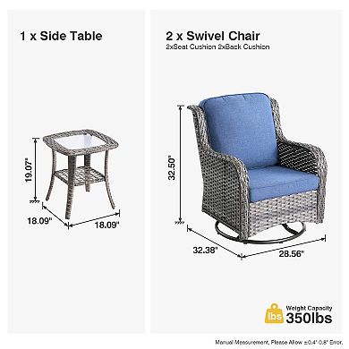 Ovios Ergonomic Patio Sofa Set w/ 2 Rocking Swivel Chairs & Side Table, Premium Fabric