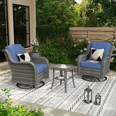 Ovios Ergonomic Patio Sofa Set w/ 2 Rocking Swivel Chairs & Side Table, Premium Fabric