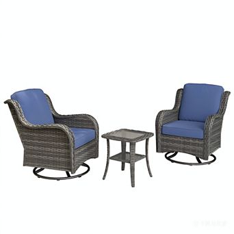 Ovios Ergonomic Patio Sofa Set w/ 2 Rocking Swivel Chairs & Side Table, Premium Fabric