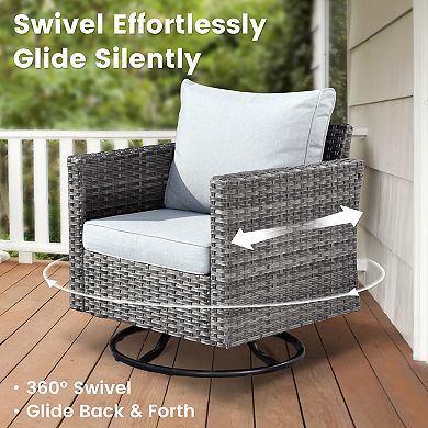 Ovios 3-Piece Patio Set w/ 2 Swivel Rocking Chairs & Side Table, All-Weather Gray Wicker