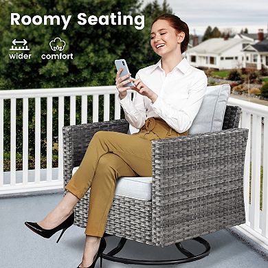 Ovios 3-Piece Patio Set w/ 2 Swivel Rocking Chairs & Side Table, All-Weather Gray Wicker