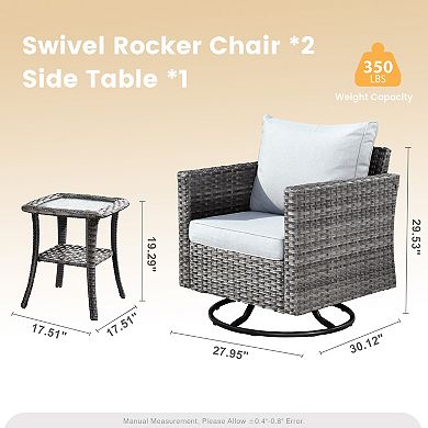 Ovios 3-Piece Patio Set w/ 2 Swivel Rocking Chairs & Side Table, All-Weather Gray Wicker