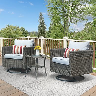 Ovios 3-Piece Patio Set w/ 2 Swivel Rocking Chairs & Side Table, All-Weather Gray Wicker