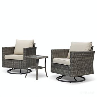 Ovios 3 pc Patio Set w/ 2 Swivel Rocking Chairs & Side Table, All-Weather Gray Wicker