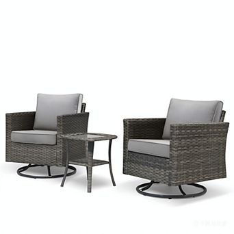 Ovios 3 pc Patio Set w/ 2 Swivel Rocking Chairs & Side Table, All-Weather Gray Wicker