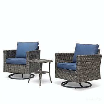 Ovios 3 pc Patio Set w/ 2 Swivel Rocking Chairs & Side Table, All-Weather Gray Wicker
