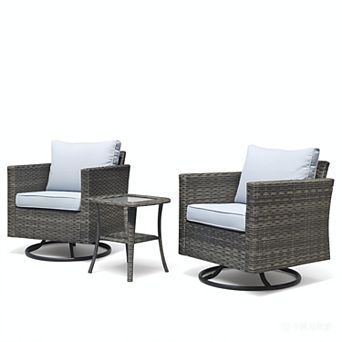 Ovios 3 pc Patio Set w/ 2 Swivel Rocking Chairs & Side Table, All-Weather Gray Wicker