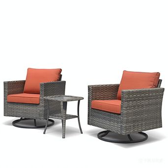 Ovios 3 pc Patio Set w/ 2 Swivel Rocking Chairs & Side Table, All-Weather Gray Wicker