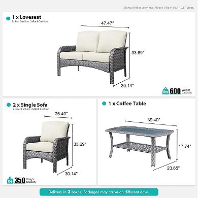 Ovios Outdoor PE Rattan 4-Piece Conversation Set, Patio Set w/ Loveseat, 2 Armchairs, Glass Table