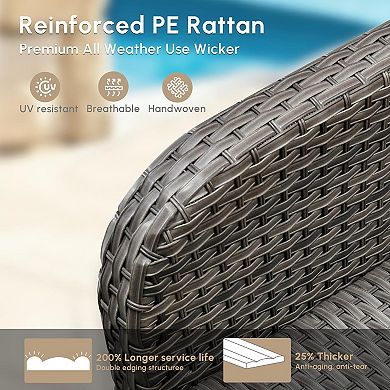 Ovios Outdoor PE Rattan 4-Piece Conversation Set, Patio Set w/ Loveseat, 2 Armchairs, Glass Table