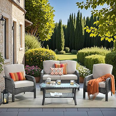 Ovios Outdoor PE Rattan 4-Piece Conversation Set, Patio Set w/ Loveseat, 2 Armchairs, Glass Table