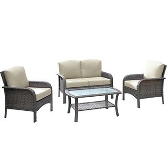 Ovios Outdoor PE Rattan 4 pc Conversation Set, Patio Set w/ Loveseat, 2 Armchairs, Glass Table