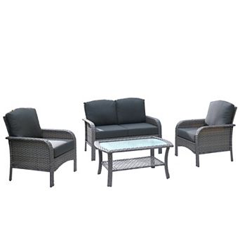 Ovios Outdoor PE Rattan 4 pc Conversation Set, Patio Set w/ Loveseat, 2 Armchairs, Glass Table