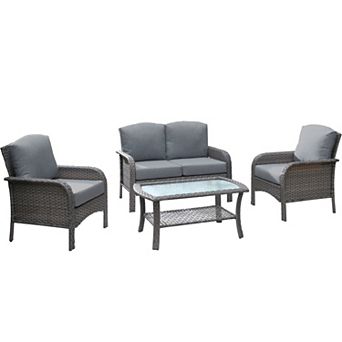 Ovios Outdoor PE Rattan 4 pc Conversation Set, Patio Set w/ Loveseat, 2 Armchairs, Glass Table
