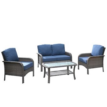 Ovios Outdoor PE Rattan 4 pc Conversation Set, Patio Set w/ Loveseat, 2 Armchairs, Glass Table