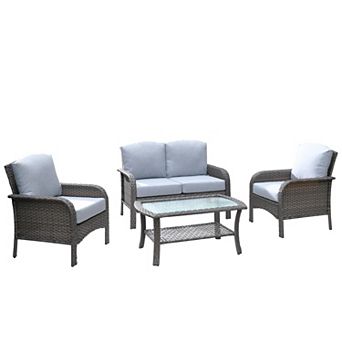Ovios Outdoor PE Rattan 4 pc Conversation Set, Patio Set w/ Loveseat, 2 Armchairs, Glass Table
