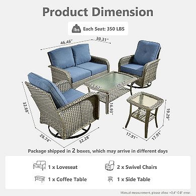 Ovios 5-Piece Patio Sofa Set w/ Loveseat, 2 Swivel Chairs, Glass Table & Side Table, PE Rattan