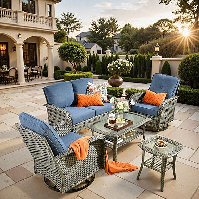 Ovios 5-Piece Patio Sofa Set w/ Loveseat, 2 Swivel Chairs, Glass Table & Side Table, PE Rattan