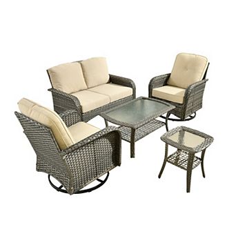 Ovios 5 pc Patio Sofa Set w/ Loveseat, 2 Swivel Chairs, Glass Table & Side Table, PE Rattan