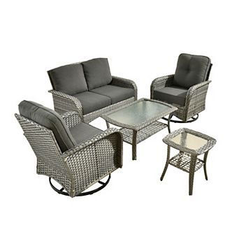 Ovios 5 pc Patio Sofa Set w/ Loveseat, 2 Swivel Chairs, Glass Table & Side Table, PE Rattan