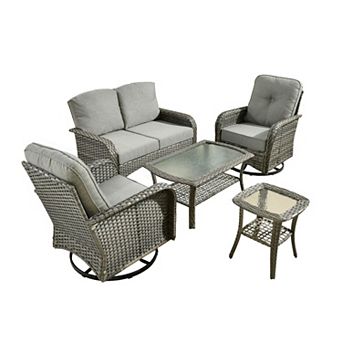 Ovios 5 pc Patio Sofa Set w/ Loveseat, 2 Swivel Chairs, Glass Table & Side Table, PE Rattan