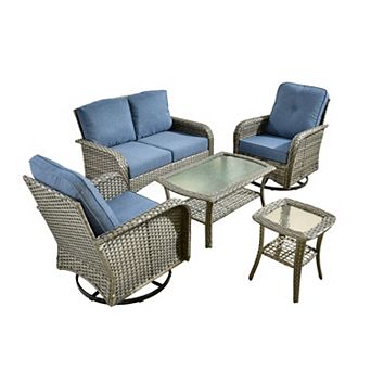Ovios 5 pc Patio Sofa Set w/ Loveseat, 2 Swivel Chairs, Glass Table & Side Table, PE Rattan