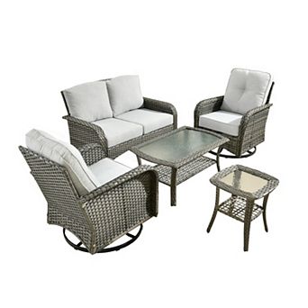 Ovios 5 pc Patio Sofa Set w/ Loveseat, 2 Swivel Chairs, Glass Table & Side Table, PE Rattan
