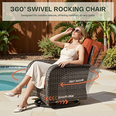 Ovios PE Wicker Patio Rocking Chairs Set, w/ Two 360° Swivel Chairs & Side Table, Ergonomic Design