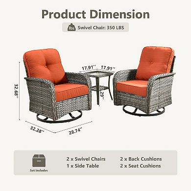Ovios PE Wicker Patio Rocking Chairs Set, w/ Two 360° Swivel Chairs & Side Table, Ergonomic Design