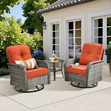 Ovios PE Wicker Patio Rocking Chairs Set, w/ Two 360° Swivel Chairs & Side Table, Ergonomic Design