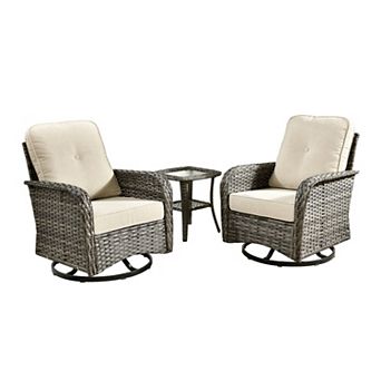 Ovios PE Wicker Patio Rocking Chairs Set, w/ Two 360° Swivel Chairs & Side Table, Ergonomic Design
