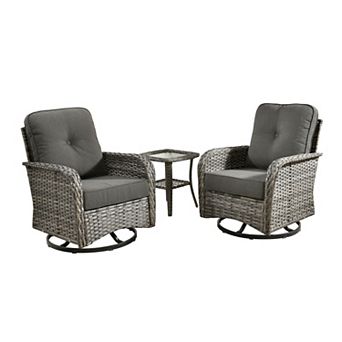Ovios PE Wicker Patio Rocking Chairs Set, w/ Two 360° Swivel Chairs & Side Table, Ergonomic Design