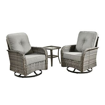Ovios PE Wicker Patio Rocking Chairs Set, w/ Two 360° Swivel Chairs & Side Table, Ergonomic Design