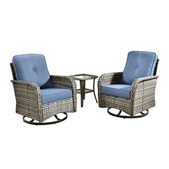 Ovios PE Wicker Patio Rocking Chairs Set, w/ Two 360° Swivel Chairs & Side Table, Ergonomic Design